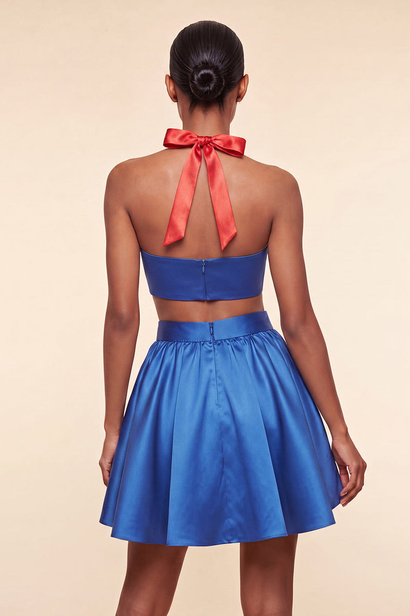 Laden Sie das Bild in den Galerie-Viewer, Pink-grünes A-Linien-Zweiteiler-Satin-Neckholder-Satin-Homecoming-Kleid