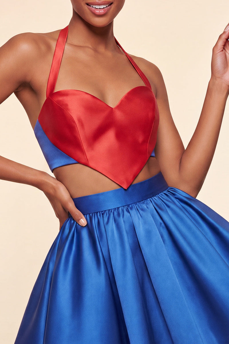 Laden Sie das Bild in den Galerie-Viewer, Pink-grünes A-Linien-Zweiteiler-Satin-Neckholder-Satin-Homecoming-Kleid