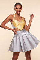Laden Sie das Bild in den Galerie-Viewer, Pink-grünes A-Linien-Zweiteiler-Satin-Neckholder-Satin-Homecoming-Kleid