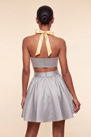 Laden Sie das Bild in den Galerie-Viewer, Pink-grünes A-Linien-Zweiteiler-Satin-Neckholder-Satin-Homecoming-Kleid