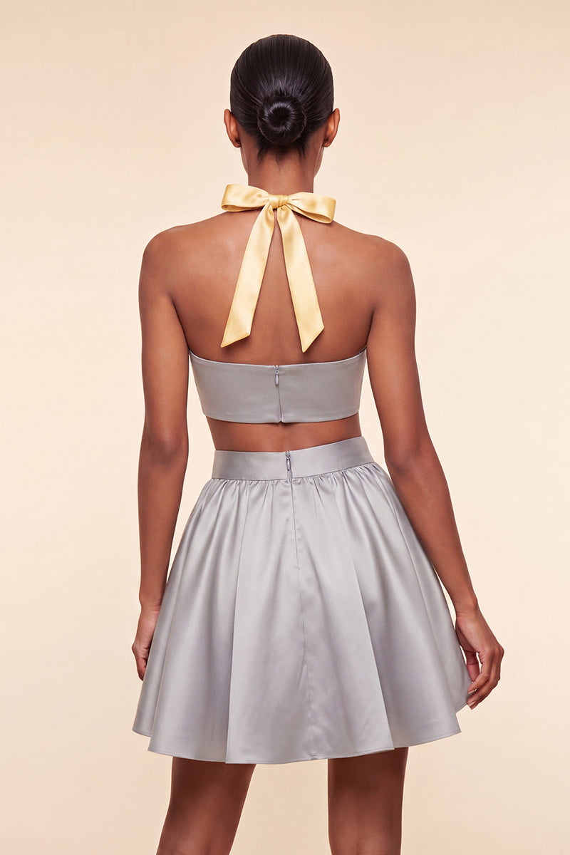 Laden Sie das Bild in den Galerie-Viewer, Pink-grünes A-Linien-Zweiteiler-Satin-Neckholder-Satin-Homecoming-Kleid
