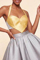 Laden Sie das Bild in den Galerie-Viewer, Pink-grünes A-Linien-Zweiteiler-Satin-Neckholder-Satin-Homecoming-Kleid