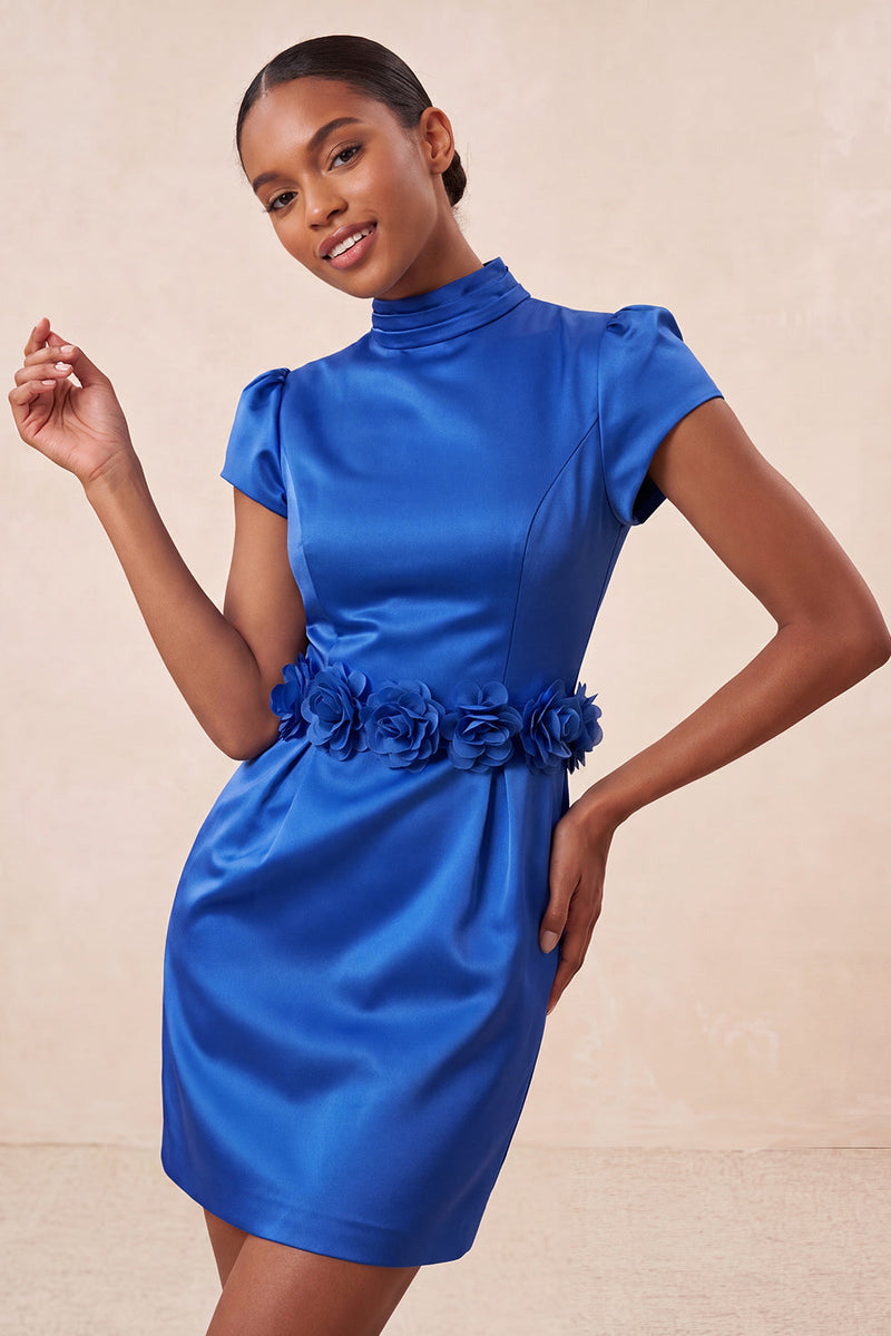 Laden Sie das Bild in den Galerie-Viewer, Grünes High-Neck Bodycon Satin Mützenärmel Kurzes Abendkleid mit 3D-Blumen