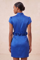 Laden Sie das Bild in den Galerie-Viewer, Grünes High-Neck Bodycon Satin Mützenärmel Kurzes Abendkleid mit 3D-Blumen
