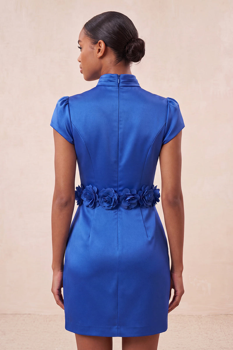 Laden Sie das Bild in den Galerie-Viewer, Grünes High-Neck Bodycon Satin Mützenärmel Kurzes Abendkleid mit 3D-Blumen