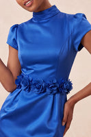 Laden Sie das Bild in den Galerie-Viewer, Grünes High-Neck Bodycon Satin Mützenärmel Kurzes Abendkleid mit 3D-Blumen