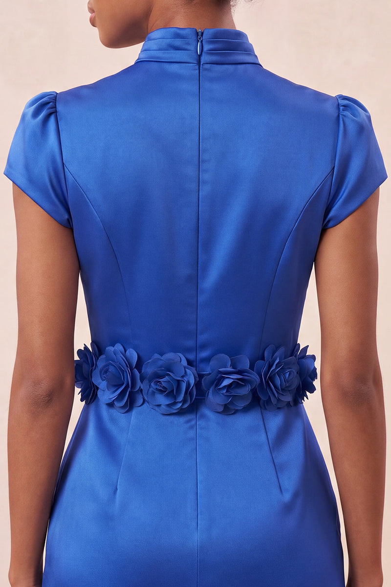 Laden Sie das Bild in den Galerie-Viewer, Grünes High-Neck Bodycon Satin Mützenärmel Kurzes Abendkleid mit 3D-Blumen