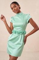 Laden Sie das Bild in den Galerie-Viewer, Grünes High-Neck Bodycon Satin Mützenärmel Kurzes Abendkleid mit 3D-Blumen