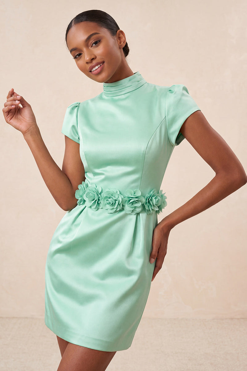 Laden Sie das Bild in den Galerie-Viewer, Grünes High-Neck Bodycon Satin Mützenärmel Kurzes Abendkleid mit 3D-Blumen