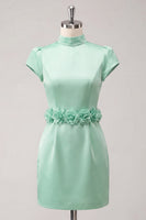 Laden Sie das Bild in den Galerie-Viewer, Grünes High-Neck Bodycon Satin Mützenärmel Kurzes Abendkleid mit 3D-Blumen