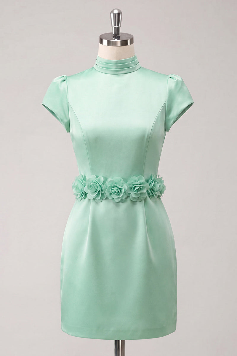 Laden Sie das Bild in den Galerie-Viewer, Grünes High-Neck Bodycon Satin Mützenärmel Kurzes Abendkleid mit 3D-Blumen