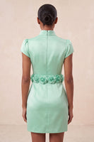 Laden Sie das Bild in den Galerie-Viewer, Grünes High-Neck Bodycon Satin Mützenärmel Kurzes Abendkleid mit 3D-Blumen