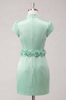Laden Sie das Bild in den Galerie-Viewer, Grünes High-Neck Bodycon Satin Mützenärmel Kurzes Abendkleid mit 3D-Blumen