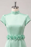 Laden Sie das Bild in den Galerie-Viewer, Grünes High-Neck Bodycon Satin Mützenärmel Kurzes Abendkleid mit 3D-Blumen