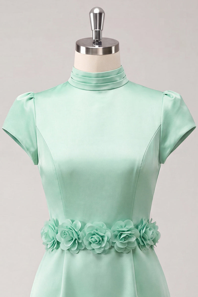 Laden Sie das Bild in den Galerie-Viewer, Grünes High-Neck Bodycon Satin Mützenärmel Kurzes Abendkleid mit 3D-Blumen