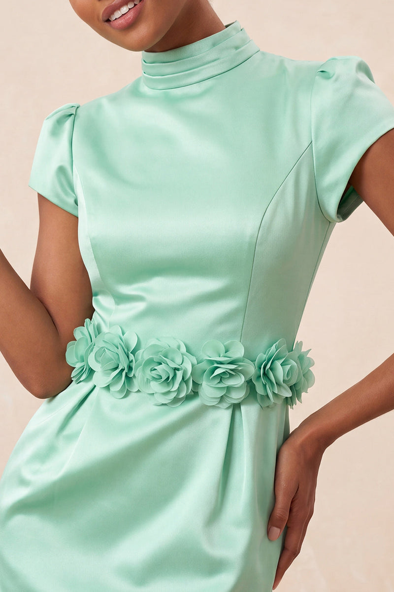 Laden Sie das Bild in den Galerie-Viewer, Grünes High-Neck Bodycon Satin Mützenärmel Kurzes Abendkleid mit 3D-Blumen