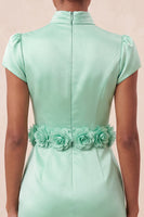 Laden Sie das Bild in den Galerie-Viewer, Grünes High-Neck Bodycon Satin Mützenärmel Kurzes Abendkleid mit 3D-Blumen