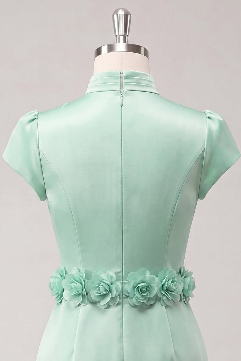 Laden Sie das Bild in den Galerie-Viewer, Grünes High-Neck Bodycon Satin Mützenärmel Kurzes Abendkleid mit 3D-Blumen