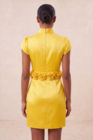 Laden Sie das Bild in den Galerie-Viewer, Grünes High-Neck Bodycon Satin Mützenärmel Kurzes Abendkleid mit 3D-Blumen