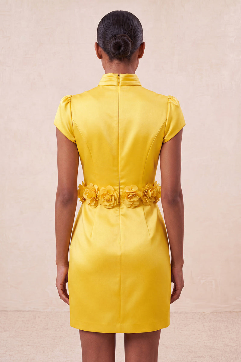 Laden Sie das Bild in den Galerie-Viewer, Grünes High-Neck Bodycon Satin Mützenärmel Kurzes Abendkleid mit 3D-Blumen