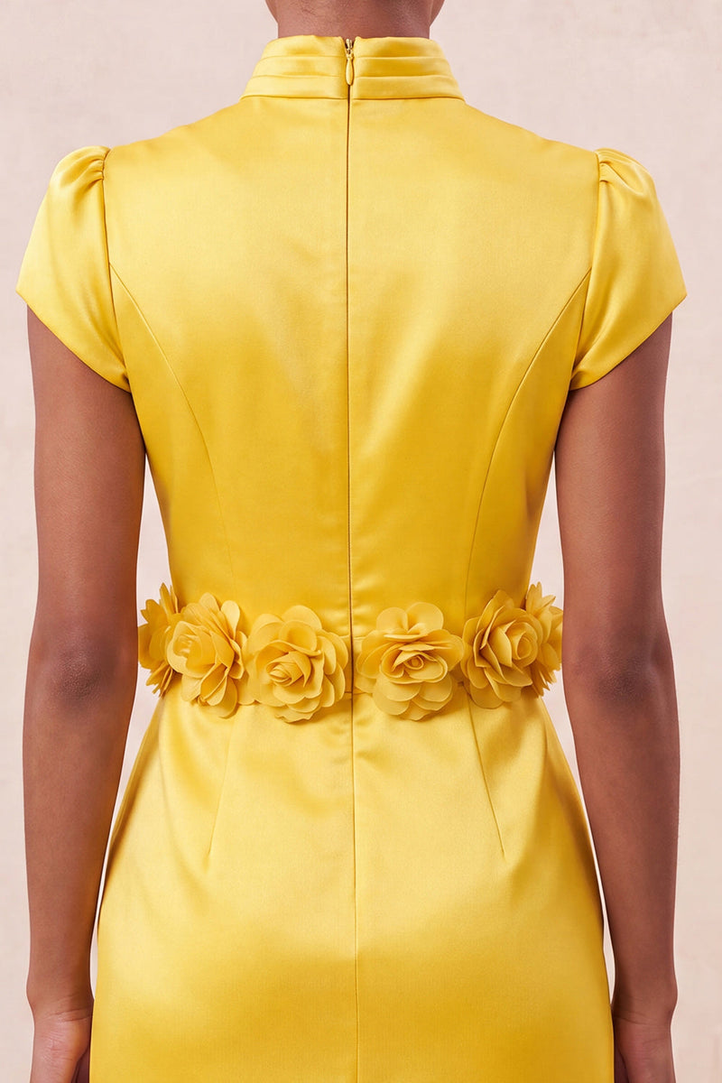 Laden Sie das Bild in den Galerie-Viewer, Grünes High-Neck Bodycon Satin Mützenärmel Kurzes Abendkleid mit 3D-Blumen