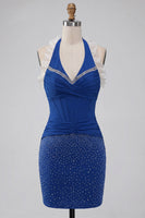 Laden Sie das Bild in den Galerie-Viewer, Dunkelblaues Neckholder-Bodycon-Korsett mit Rüschen und Perlen-Homecoming-Kleid mit Spitze hinten