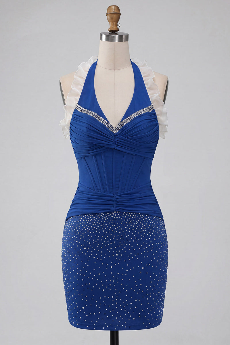 Laden Sie das Bild in den Galerie-Viewer, Dunkelblaues Neckholder-Bodycon-Korsett mit Rüschen und Perlen-Homecoming-Kleid mit Spitze hinten