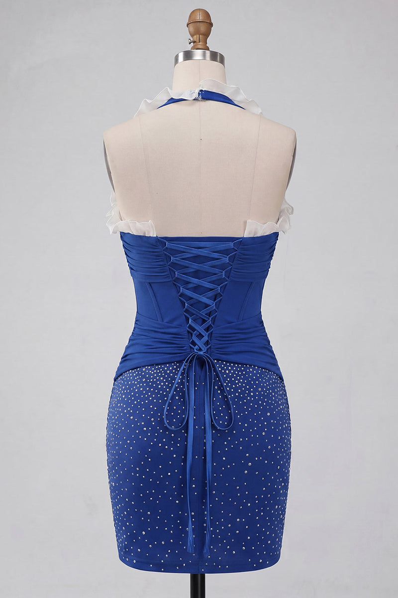 Laden Sie das Bild in den Galerie-Viewer, Dunkelblaues Neckholder-Bodycon-Korsett mit Rüschen und Perlen-Homecoming-Kleid mit Spitze hinten