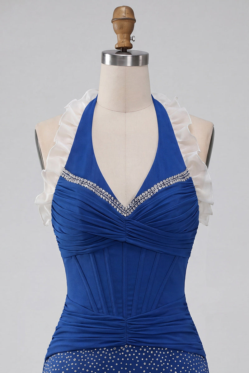 Laden Sie das Bild in den Galerie-Viewer, Dunkelblaues Neckholder-Bodycon-Korsett mit Rüschen und Perlen-Homecoming-Kleid mit Spitze hinten