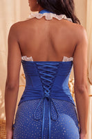 Laden Sie das Bild in den Galerie-Viewer, Dunkelblaues Neckholder-Bodycon-Korsett mit Rüschen und Perlen-Homecoming-Kleid mit Spitze hinten