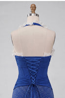 Laden Sie das Bild in den Galerie-Viewer, Dunkelblaues Neckholder-Bodycon-Korsett mit Rüschen und Perlen-Homecoming-Kleid mit Spitze hinten