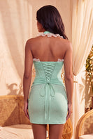 Laden Sie das Bild in den Galerie-Viewer, Dunkelblaues Neckholder-Bodycon-Korsett mit Rüschen und Perlen-Homecoming-Kleid mit Spitze hinten