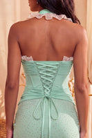 Laden Sie das Bild in den Galerie-Viewer, Dunkelblaues Neckholder-Bodycon-Korsett mit Rüschen und Perlen-Homecoming-Kleid mit Spitze hinten