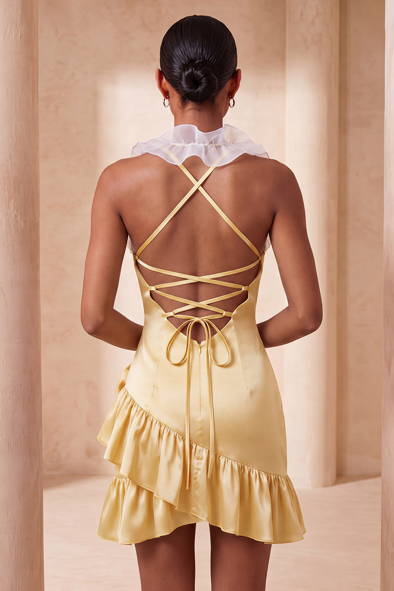 Laden Sie das Bild in den Galerie-Viewer, Lila Bodycon Neckholder-Satin-Kleid mit Rüschen Homecoming und 3D-Blumen