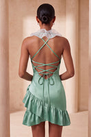 Laden Sie das Bild in den Galerie-Viewer, Lila Bodycon Neckholder-Satin-Kleid mit Rüschen Homecoming und 3D-Blumen
