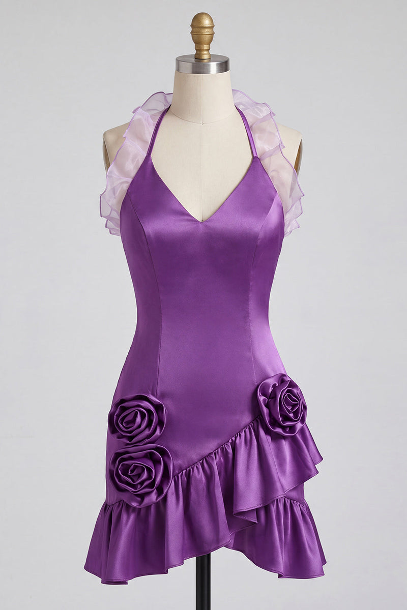 Laden Sie das Bild in den Galerie-Viewer, Lila Bodycon Neckholder-Satin-Kleid mit Rüschen Homecoming und 3D-Blumen