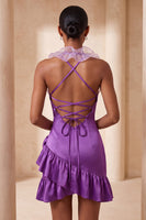 Laden Sie das Bild in den Galerie-Viewer, Lila Bodycon Neckholder-Satin-Kleid mit Rüschen Homecoming und 3D-Blumen