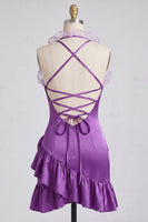 Laden Sie das Bild in den Galerie-Viewer, Lila Bodycon Neckholder-Satin-Kleid mit Rüschen Homecoming und 3D-Blumen