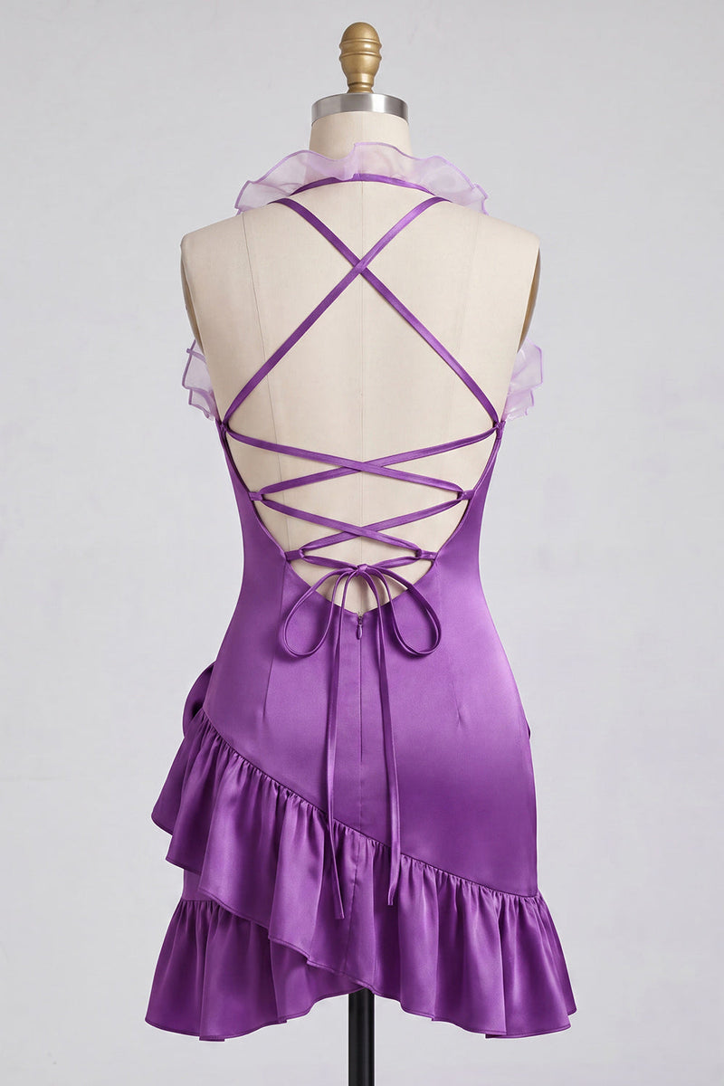 Laden Sie das Bild in den Galerie-Viewer, Lila Bodycon Neckholder-Satin-Kleid mit Rüschen Homecoming und 3D-Blumen