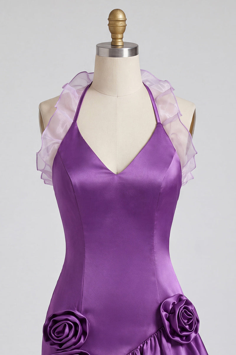 Laden Sie das Bild in den Galerie-Viewer, Lila Bodycon Neckholder-Satin-Kleid mit Rüschen Homecoming und 3D-Blumen