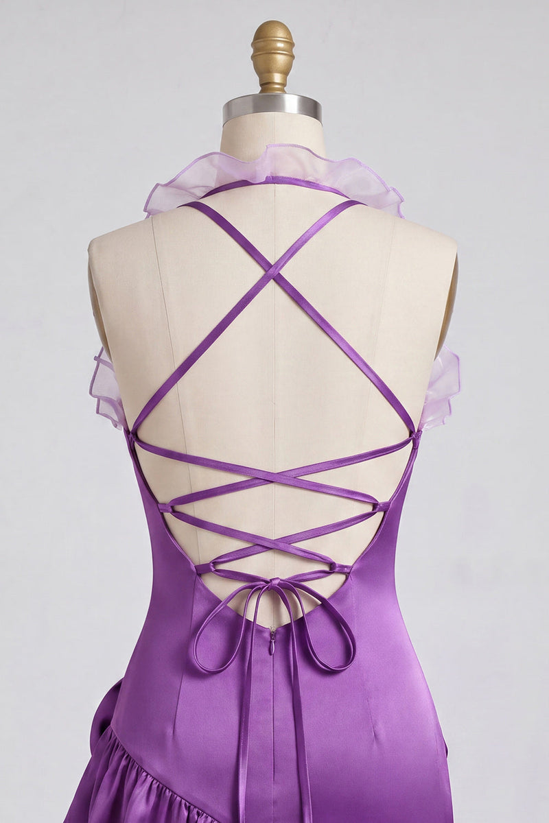 Laden Sie das Bild in den Galerie-Viewer, Lila Bodycon Neckholder-Satin-Kleid mit Rüschen Homecoming und 3D-Blumen