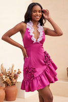 Laden Sie das Bild in den Galerie-Viewer, Bodycon Lake Blue Neckholderhals Satin Rüschen Schnürung Kurzes Abendkleid mit 3D-Blumen