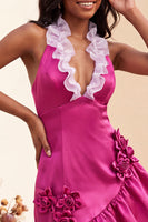 Laden Sie das Bild in den Galerie-Viewer, Bodycon Lake Blue Neckholderhals Satin Rüschen Schnürung Kurzes Abendkleid mit 3D-Blumen