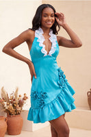 Laden Sie das Bild in den Galerie-Viewer, Bodycon Lake Blue Neckholderhals Satin Rüschen Schnürung Kurzes Abendkleid mit 3D-Blumen