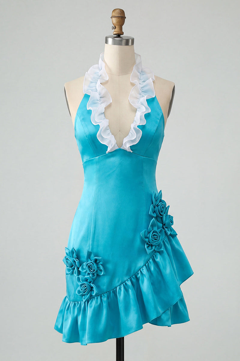 Laden Sie das Bild in den Galerie-Viewer, Bodycon Lake Blue Neckholderhals Satin Rüschen Schnürung Kurzes Abendkleid mit 3D-Blumen