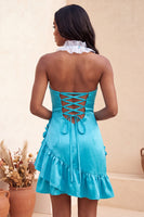 Laden Sie das Bild in den Galerie-Viewer, Bodycon Lake Blue Neckholderhals Satin Rüschen Schnürung Kurzes Abendkleid mit 3D-Blumen