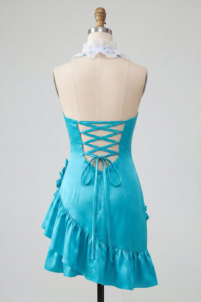 Laden Sie das Bild in den Galerie-Viewer, Bodycon Lake Blue Neckholderhals Satin Rüschen Schnürung Kurzes Abendkleid mit 3D-Blumen