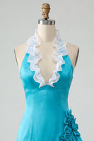 Laden Sie das Bild in den Galerie-Viewer, Bodycon Lake Blue Neckholderhals Satin Rüschen Schnürung Kurzes Abendkleid mit 3D-Blumen