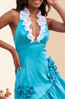 Laden Sie das Bild in den Galerie-Viewer, Bodycon Lake Blue Neckholderhals Satin Rüschen Schnürung Kurzes Abendkleid mit 3D-Blumen