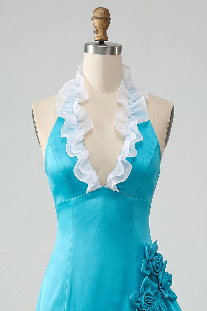 Laden Sie das Bild in den Galerie-Viewer, Bodycon Lake Blue Neckholderhals Satin Rüschen Schnürung Kurzes Abendkleid mit 3D-Blumen
